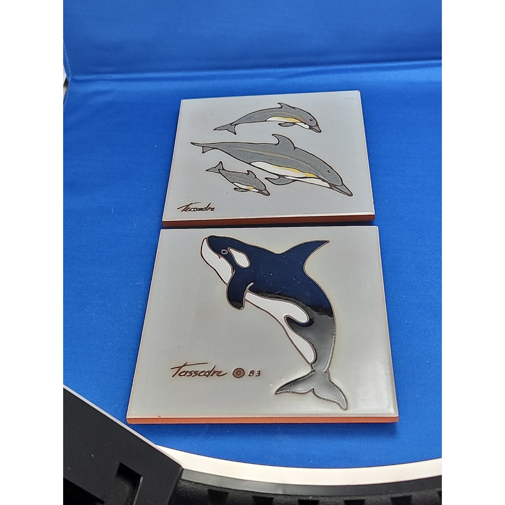 Cleo Teissedre Art Tile Trivet Coaster ORCA WHALE DOLPHINS 1983 Wall Plaque 6x6